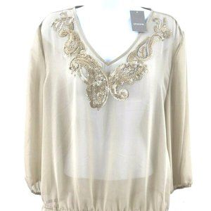 NWT Chicos Sheer Embellished Blouse Med Sequin Antique Beige Tunic Top A8